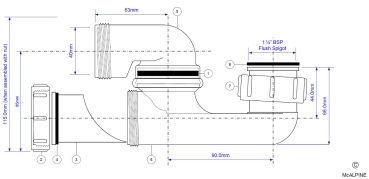 Preview: Technische Zeichnung Ablaufgarnitur Badewanne Außengewinde 1 1/2 Zoll